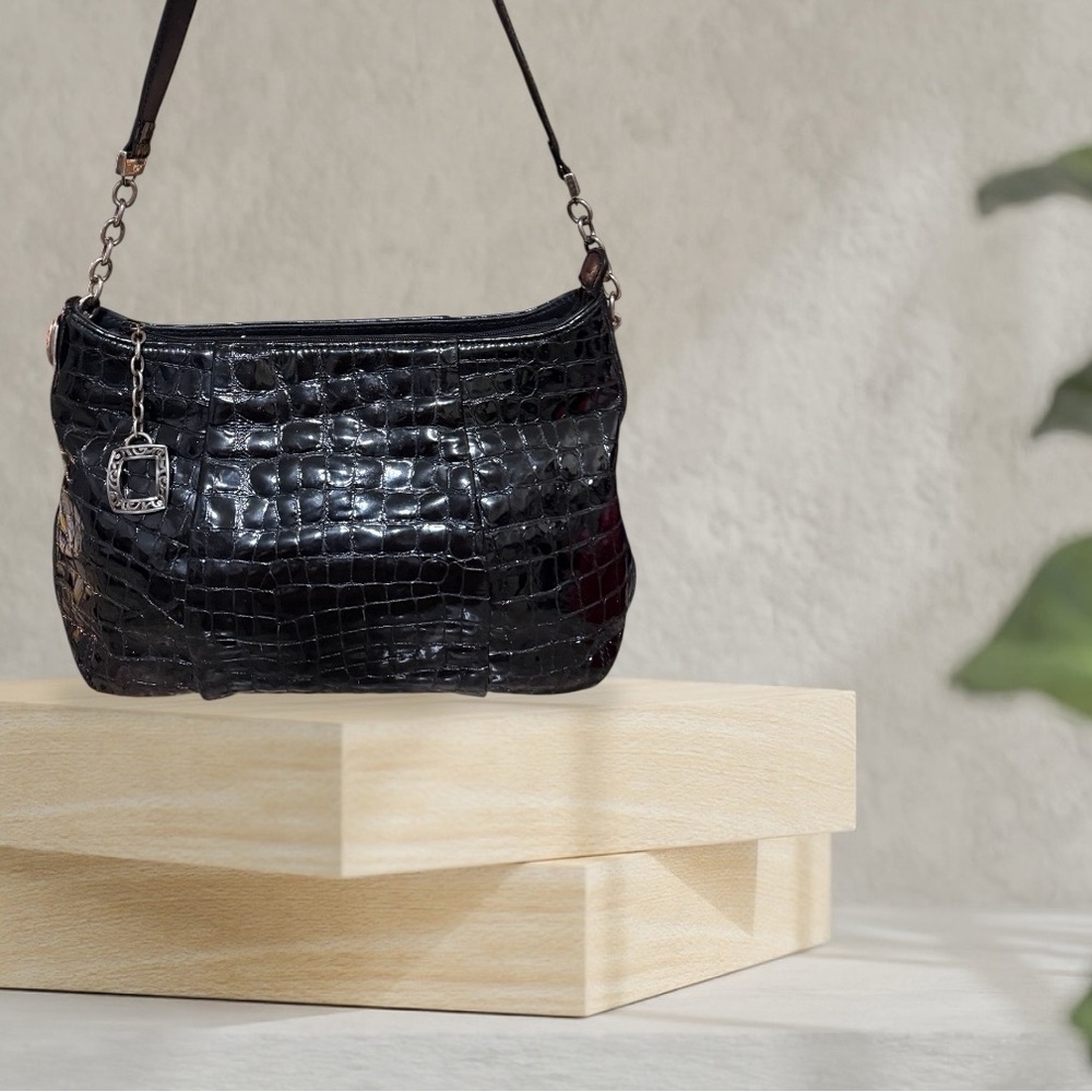 Vintage Brighton Black Croc Embossed Patent Leather Shoulder Bag Silver Chain